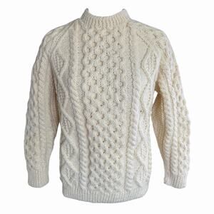 Vtg Handknit Irish Wool Cableknit Cream Sweater St Attractas Heavy Fisherman L